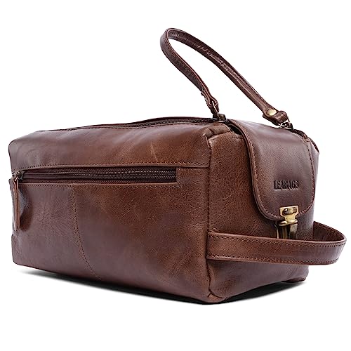 LEABAGS großer Leder Premium Kulturbeutel Damen & Herren I Kulturtasche für Männer & Frauen I Geräumige Kosmetiktasche I Wachtasche I Beauty Case I Waschbeutel I Vintage Cognac
