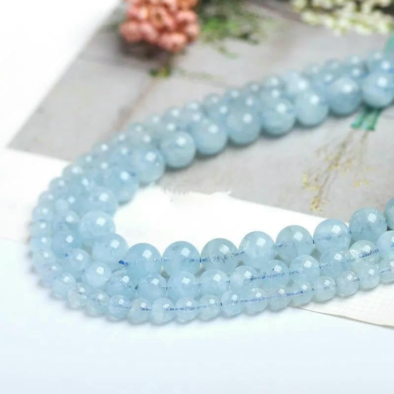 Perline distanziatrici rotonde lisce in pietra di acquamarina blu naturale, pietra preziosa di acqua di mare per la creazione di gioielli da 4, 6, 8 e 10 mm, accessori fai da te - 7A Acquamarina - 1
