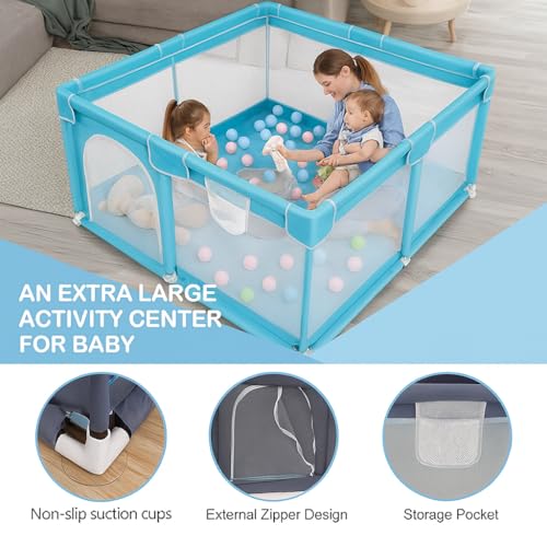 Image of Baby Playpen with Balls - Portable Play Yard with Mesh Panels for Safety & Visibility, Indoor /Outdoor Toddler Activity Fence for Boys & Girls (Light Blue)