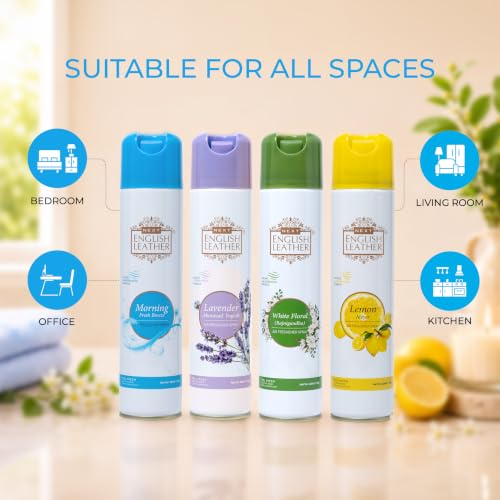 Image of Next Care English Leather Air Freshener Spray 220ml Each | Long Lasting Room Freshener for Home, Office & Car | Odour Eliminator (White Floral, Morning, Lemon & Lavender)