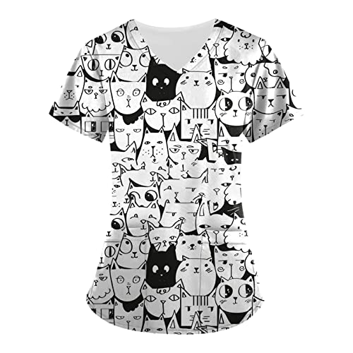 Huankd Scrubs For Women Tops, Scrub Tops Print 3X Women's Printing Short Sleeve V-Neck Tops Working Uniform Pocket Blouse Maternity Top Pattern Shirts Star Wars Plus Xl Tops Lots Xxl (4Xl, White) #TOP10