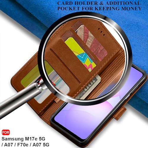Image of TheGiftKart Flip Cover Back Case for Samsung Galaxy M17e 5G / A07 / F70e / A07 5G | Genuine Leather Finish | Designer Button | Inbuilt Pockets & Stand | Flip Back Cover Case (Faux Leather, Brown)