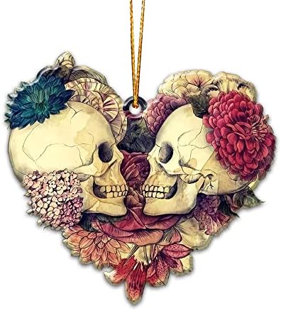 WODORO Skull Couple Love Christmas Ornament Tree Decor 2D Flat (Not 3D Ornament), Gifts for Couple, Gifts for Her, Gifts for Him, Rear View Mirror Car Accessories, Engagement Wedding Anniversary (01)