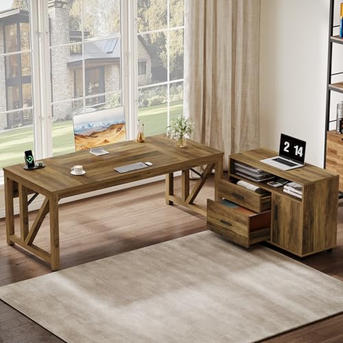 Image of Tribesigns L Shaped Desk with Drawer Cabinet, 63 inch Executive Computer Desk and lateral File Cabinet, 2 Piece Home Office Furniture with Drawers for Hanging, Door