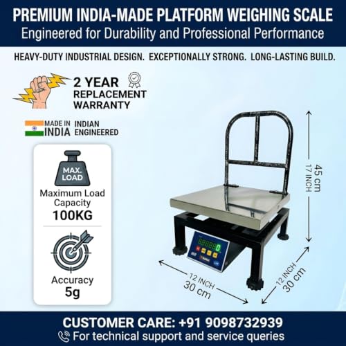 Image of Weight Scale Capacity 100KG x 5GM Accuracy, Stainless Steel Pan 12 * 12 Inch, Front /Back Bright Green Display, Heavy Duty Weight Machine best for Shop, Factories, Poultry and Commercials Uses