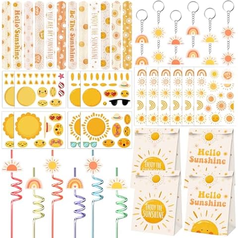 Erweicet Boho Sun Party Favors 72 PCS Sunshine Slap Bracelet Boho Rainbow Temporary Tattoos DIY Stickers Keychain Plastic Straws Gift Bags for Kids Sun Theme Birthday Party Baby Shower Cover
