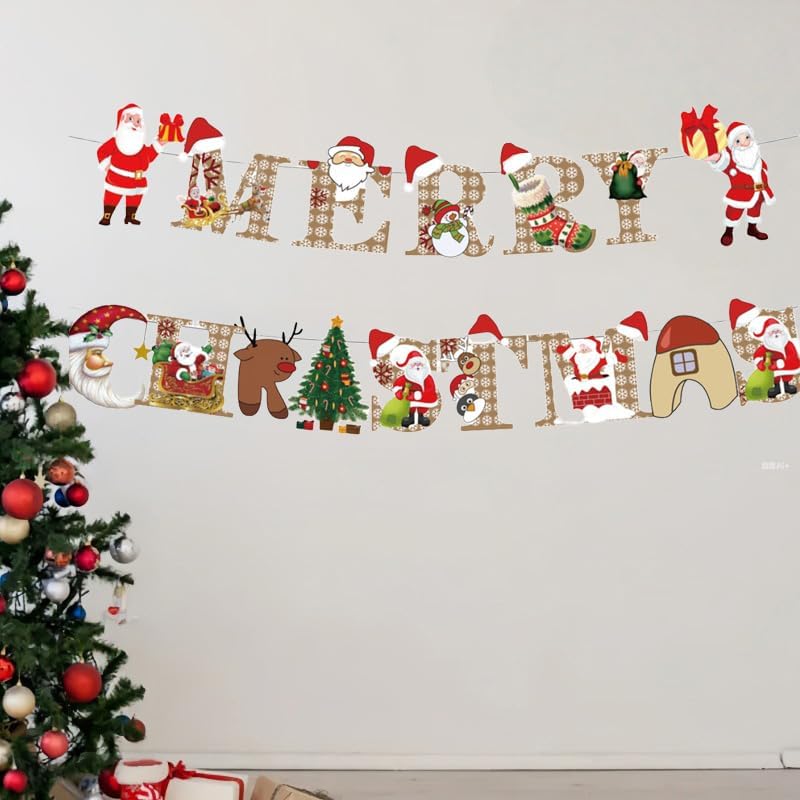 Miniatura 5 de KUNGOON Decoración de pancarta de Navidad, banderín de Merry Friendsmas con Papá Noel, diseño retro a cuadros, decoración de chimenea de invierno