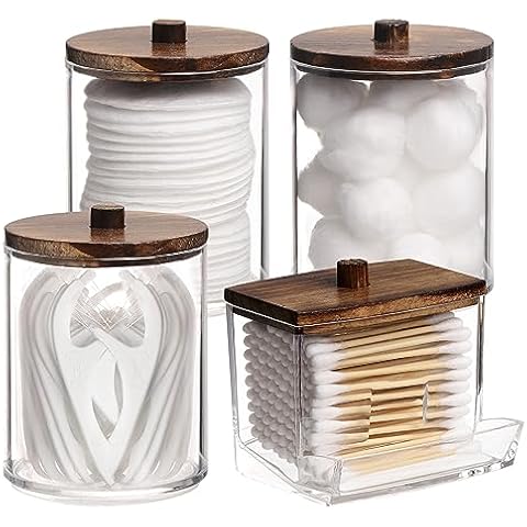 Tbestmax 4 Pack Qtip Holder Bathroom Container, 10/7oz Cotton Ball/Swabs Dispenser, Apothecary Jar with Bamboo Lids for Organizer and Storage (Brown) Cover