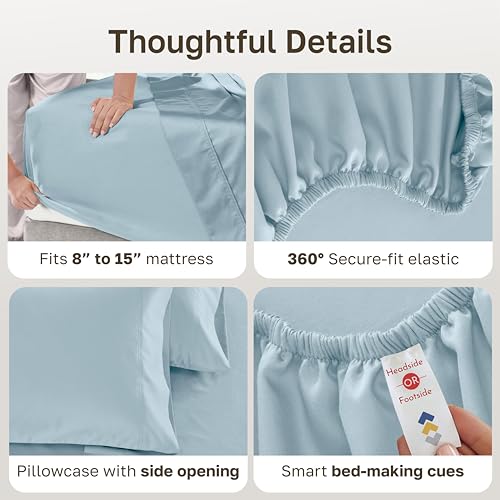 Image of California Design Den Twin Bed Sheets Set - 600 Thread Count Sateen, 100% Cotton Sheet & Pillowcase Sets, Deep Pockets with All Around Elastic, Snug Fit, Durable Bedding - Sea Mist Blue