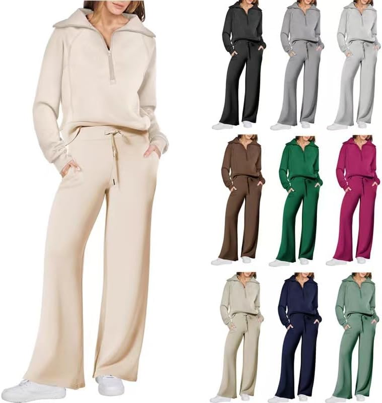 Women's 2 Piece Outfits 2025 Casual Half Zip Wide Leg Pants Tracksuit Sets Lounge Set Travel Vacation Sweatsuits (US, Alpha, Large, Regular, Regular, Black) - Image 6