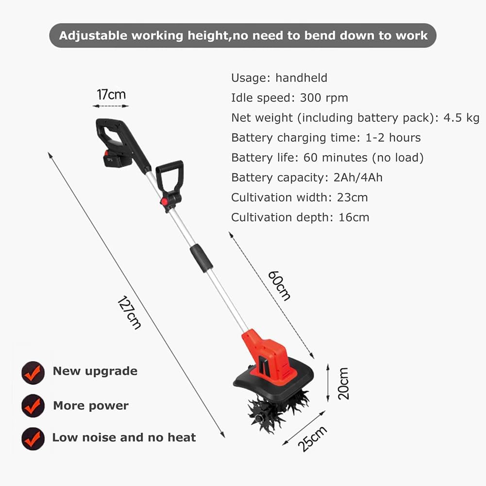 Motozappa da Giardino a Batteria, Motozappa Elettrica con 4 Lame in Acciaio, Motozappa a Batteria da 2 x 2000 mAh, Larghezza di Lavorazione di 23 cm e profondità di Lavorazione di 16 cm