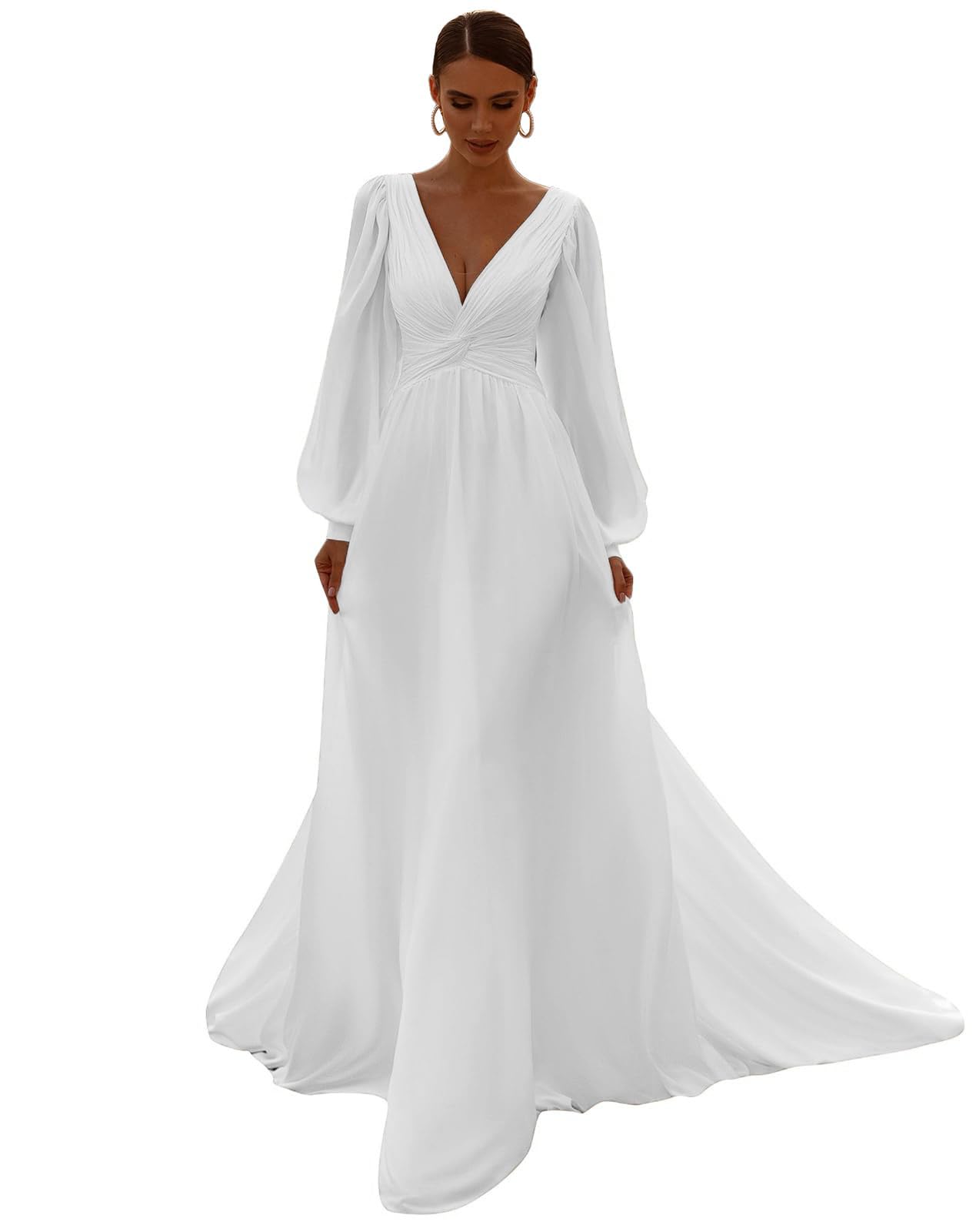 Abito da Sposa Abiti da Sposa Manica Lunga Scollatura a V Ufficio Civile Moda Sposa Abiti da Sposa, Bianco 01, 40