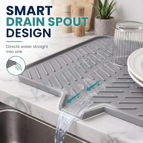 Image of Large Silicone Dish Drying Mat for Kitchen Sink 23 x 17 Inches, Silicone Kitchen Drying Mat with Drain Lip, Dish Drainer Mat for Utensils Plates Cups, Non Slip Sink & Counter Drying Mat