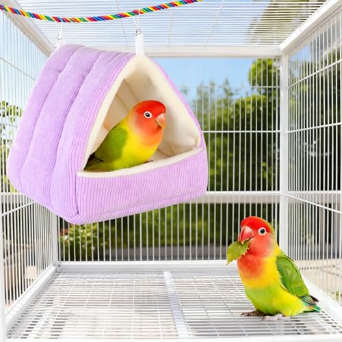 Image of Bird Bed for Cage Winter Warm Bird Bed with Soft Plush Hanging Hammock & Hut Tent, Hideaway Sleeping Nest for Budgies, Parakeets, Cockatiels (Purple, M)