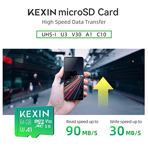 Image of KEXIN 3 Pack Micro SD Card 64GB MicroSDXC with SD Adapter, A1, U3, V30, C10 Micro SD Memory Card TF Card 4K Full HD Video Recording for Camera, Smartphone, Monitor, Drone, Dash Cam, Gopro Green