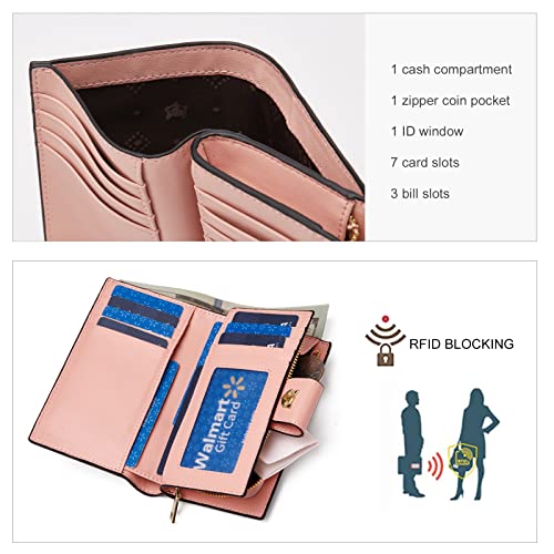 Foxlover Signature Pvc Leather Wallets For Women, Monogram Artificial Leather Rfid Blocking Ladies Card Holder With Zipper Pocket Women's Bifold Wallets Credit Card Cases (Khaki) #TOP2