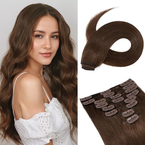 Image of Benehair 24inch Clip in Hair Extensions Real Human Hair Medium Brown Hair Extensions Clip in Human Hair Long Straight Remy Natural Full Head 8pcs Real Hair Extensions for Women 24inch #4 Medium Brown