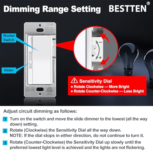 Image of BESTTEN 24 Pack Super Slim Dimmer Light Switch for 300W Dimmable LED /CFL Lights and 600W Incandescent /Halogen, Single Pole /3-Way LED Slide Dimmer, ETL Listed, White