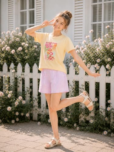 Image of Teen Girls Clothes 2 Piece Graphic T Shirt & Striped Shorts Outfit Set Summer Back to School Clothes Size 7-14