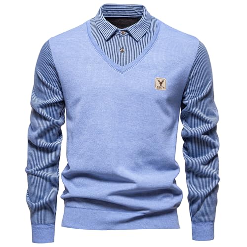 Caxndycing Pullover pour homme avec col chemise 2 en 1 Pull en tricot chaud d'hiver avec encolure en V Pull décontracté à col chemise en tricot fin Pull...