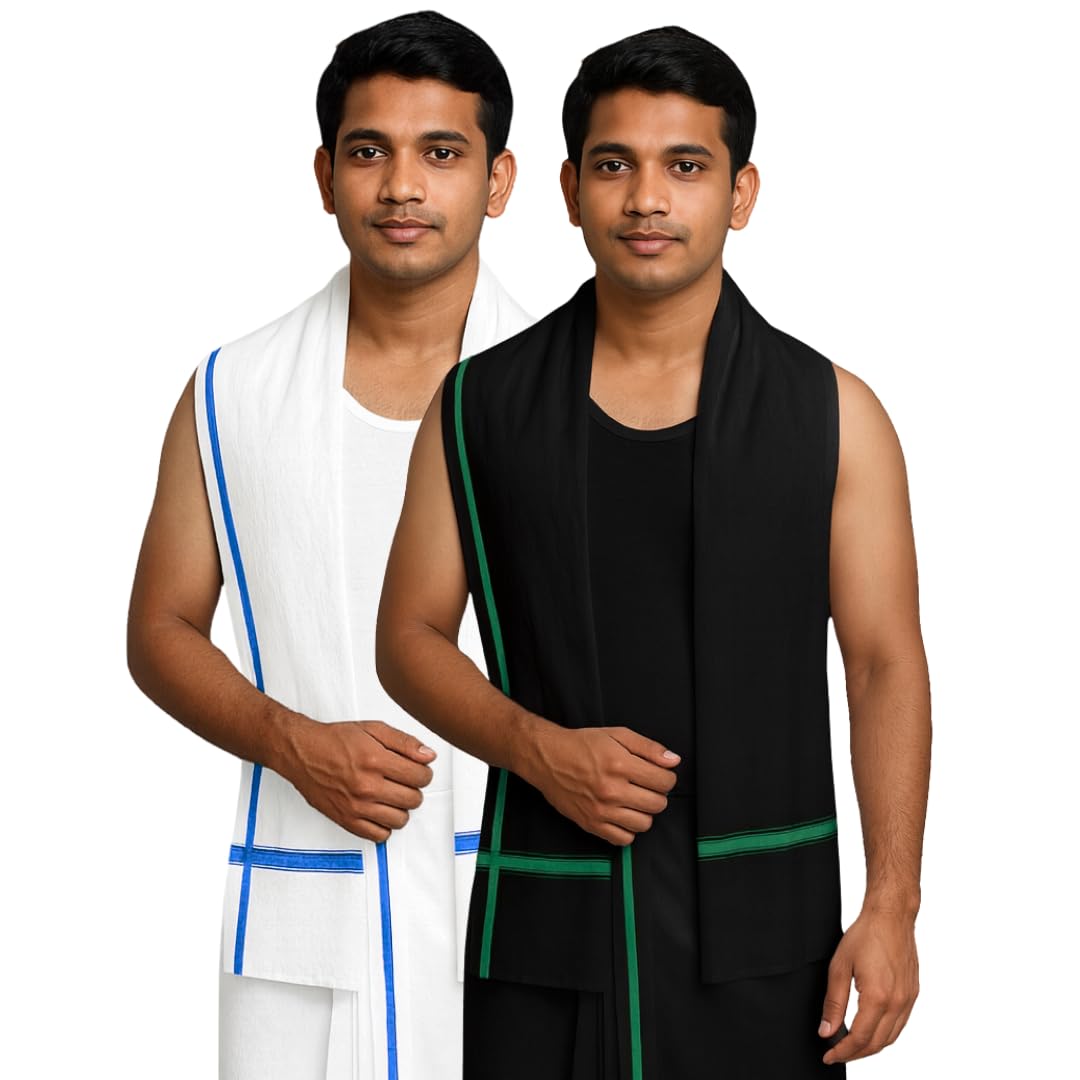Cotton Angavastram for Men | Black & White Dual Colour Traditional Shawl with Contrast Borders | Soft Cultural & Festive Towel 175 × 72 cm | Pack of 2-image-18