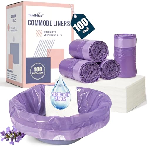 Bedside Commode Liners with Absorbent Pads - 100 Count Disposable Commode Bags/Pads Lavender Scented Portable Toilet for Commode Chair/Camping/Travelling/Postoperation