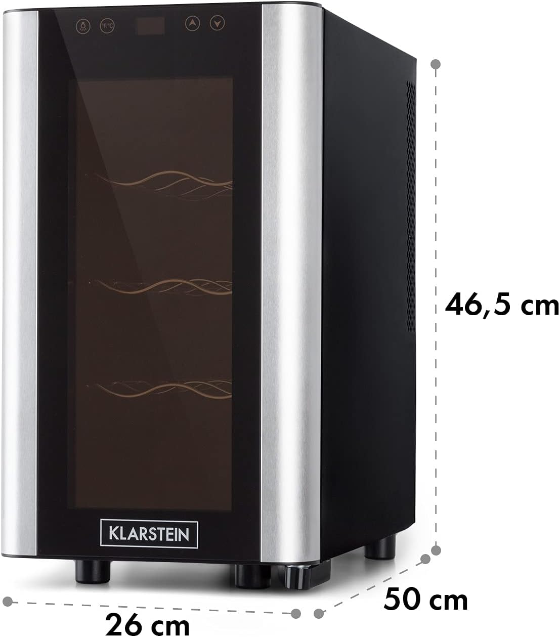 Klarstein Reserva Slim Uno Wine Refrigerator, 23 Litres / 8 Bottles, Temperature: 11-18°C, Low Noise: 26 dB, 3 Metal Slide-In Levels, LED Lighting, UV Protection, Wine Cooler, Black