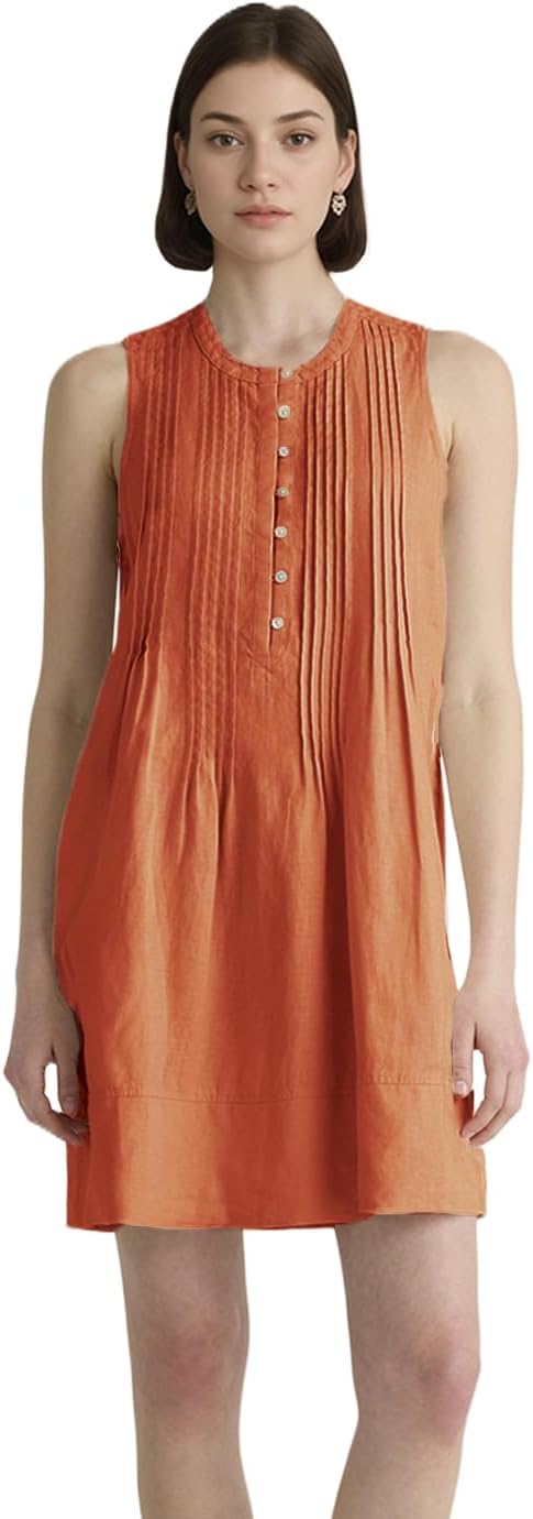 Women's Summer Linen Scoop Neck Sleeveless Swing Tank Dress Casual Front Button Dresses with Pockets(Orange,S), Small