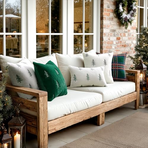 Image of MIULEE Christmas Decorative Pillow Covers Set of 2 Faux Fur Throw Pillows with Embroidered Christmas Tree 18x18 Inch White Black Winter Couch Covers for Festival Sofa Bedroom Living Room Home Decor