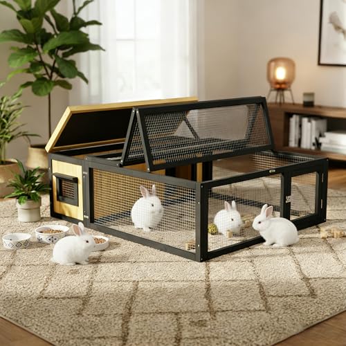 Dual-Zone Wooden Rabbit Hutch with Waterproof Roof Openable Top Outdoor/Indoor