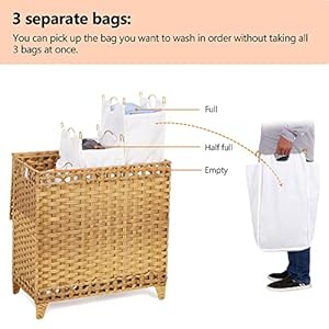 Laundry Hamper with 3 Removable Liner Bags; 132L Handwoven Rattan Laundry Basket with Lid & Heightened Feet; Clothes Hamper with Side Handles; Laundry Sorter with 3 Separate Sections (Natural) Laundry Hamper with 3 Removable Liner Bags 132L Handwoven Rattan Laundry Basket with Lid Heightened Feet Clothes Hamper with Side Handles Laundry Sorter with 3 Separate Sections Natural