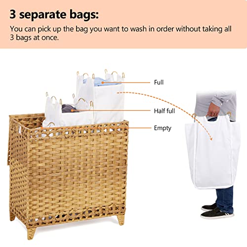 Laundry-Hamper-with-3-Removable-Liner-Bags-132L-Handwoven-Rattan-Laundry-Basket-with-Lid-Heightened-Feet-Clothes-Hamper-with-Side-Handles-Laundry-Sorter-with-3-Separate-Sections-Natural Laundry Hamper with 3 Removable Liner Bags 132L Handwoven Rattan Laundry Basket with Lid Heightened Feet Clothes Hamper with Side Handles Laundry Sorter with 3 Separate Sections Natural