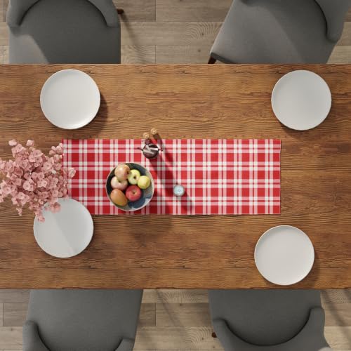 Image of Encasa XO Cotton Table Runner for 4 Seater | Size 13x36 in | Franca Red Checks - Machine Washable & Durable