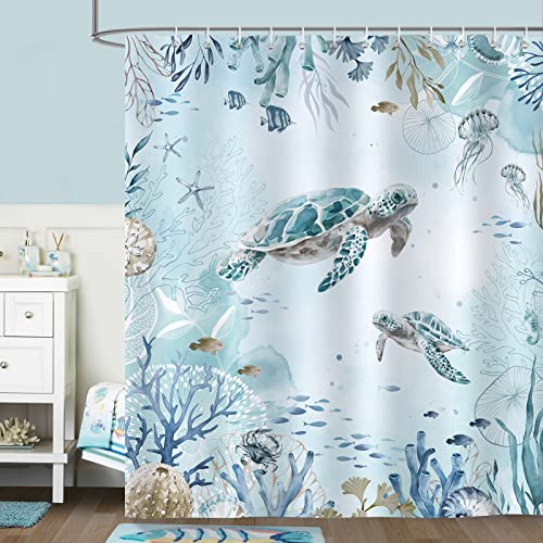 Bonhause Sea Turtle Shower Curtain for Bathroom Teal Blue Ocean Beach Coastal Decorative Bath Curtain 72 x 78 Inch Polyester Fabric Waterproof Bathroom Curtain with 12 Hooks - Image 2