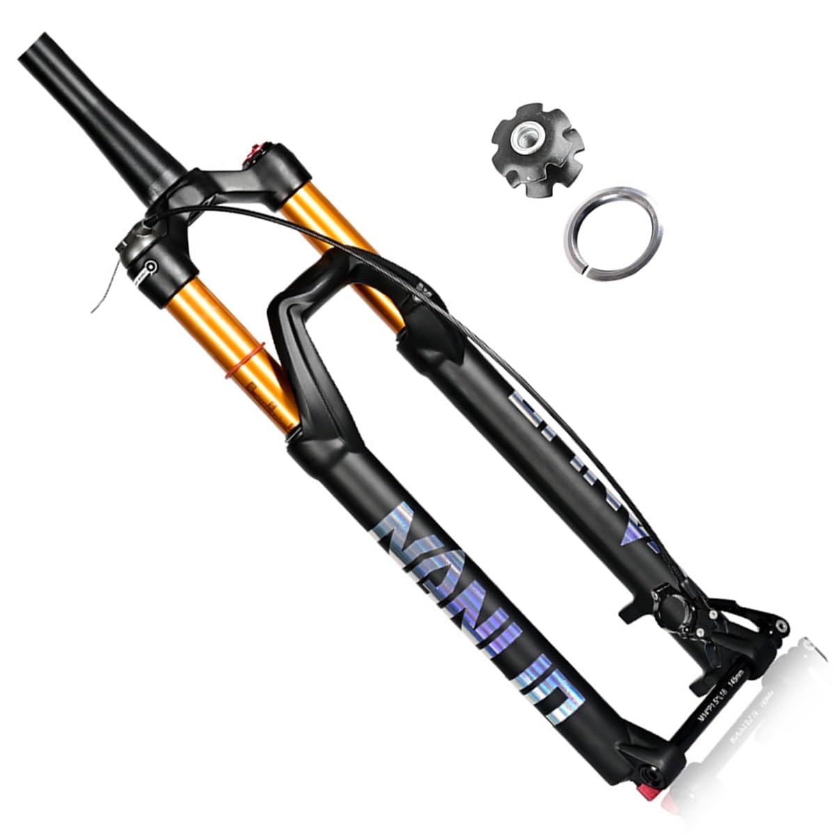 Horquilla de suspensión para Bicicleta de montaña MTB de 27,5 y 29 Pulgadas con Ajuste de Rebote, Eje pasante cónico de 1-1/2'', Amortiguador, Recorrido de 15 * 110 y 120 mm.