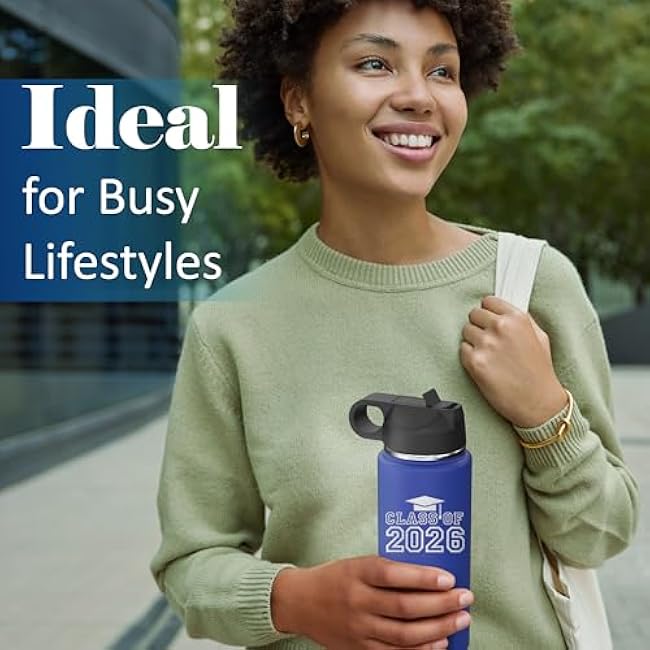 Class of 2026 Senior Grad Insulated Stainless Steel Water Bottle with Flip Top Lid & Straw Graduation Gift Tumbler 18 oz. (R. Blue)