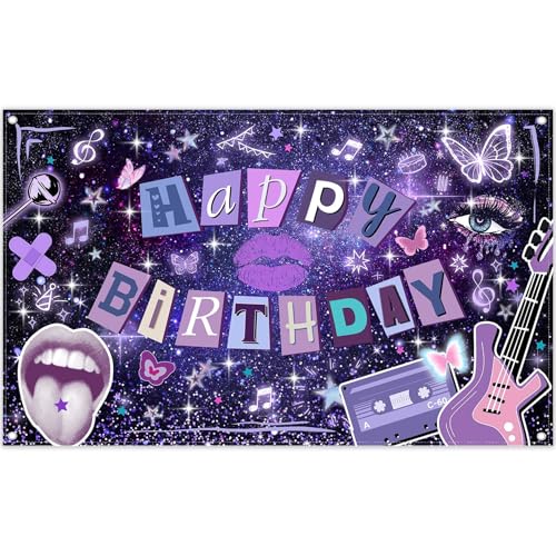 Monalivest 72x43inch Fabric Happy Birthday Backdrop Purple Giltter Starry Sky Butterfly Guitar Photography Background Music Festival Women Party Decorations Photo Props