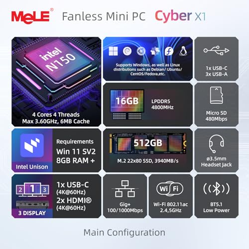 Image of MeLE Cyber X1 Fanless Mini PC N150 16GB DDR4 RAM 512GB SSD Windows 11 Pro,Small Desktop Computer,Dual HDMI 4K Triple Display,USB 3.2,USB-C,WiFi 5 BT5.1,Micro PC on Industrial Business,Astrophotography