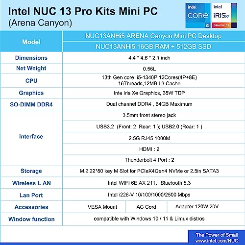 Image of ASUS NUC 13 Pro, for Intel NUC 13 Pro NUC13ANHi5 Mini PC(Core i5-1340P Processor, Intel Iris Xe Graphics, 16GB RAM & 512GB NVMe SSD) 12 Cores,Up to 4.6 GHz Turbo,Low Power,8K,WiFi 6E,BT 5.3,Win11Pro