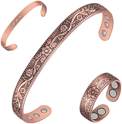 Feraco Magentic Copper Bracelet & Ring Set for Women, Vintage Flower Copper Cuff Bracelet,99.99% Pure Copper with Magnets,Adjustable Magnetic Bangles with Gift Box,Christmas Jewelry Gifts