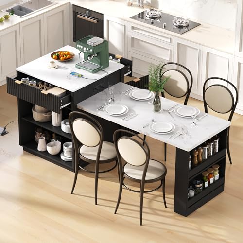 Merax 82.6" Fluted Kitchen Island with Extendable Dining Table for