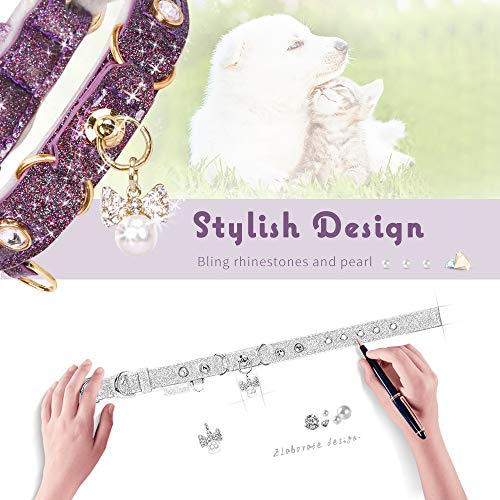 Image of Cat Collar, Dog Collar, [Bling Rhinestones] PU Leather Adjustable Pet Collar with Luxury Pendant for Cat and Small Dog Extra Small Purple