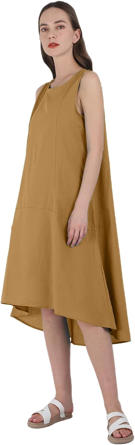 yoeasy Women Cotton Linen Crew Neck Sleeveless High Low Tank Long Dress Summer Casual Flowy Maxi Dresses - Image 3