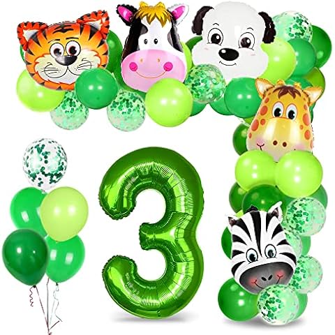 3rd Jungle Birthday Party Decoration, 3rd Birthday Decoration Set, Green 3 Ballon, Wild Forest Animal Foil Balloons, Jungle Theme Party Supplies for Boy Girl Baby Shower Cover