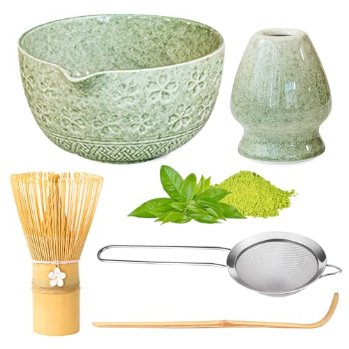 Matcha Set 5-Teilige, Japanisches Matcha-Teeservice mit Matcha Schale, Matchabesen, Besenhalter aus Keramik, Löffel und ...