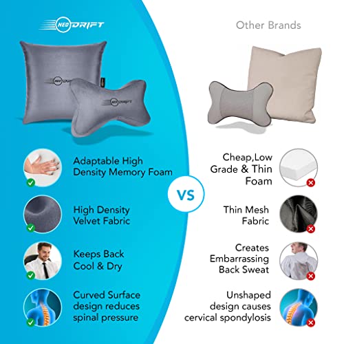 Image of Neodrift 'Neo-Kit Combo' - (Colour - Grey)(2 Neck Cushions, 2 Square Pillows) | Neck & Back Rest Support Cushion Memory Foam Pillow for Neck, Head, Shoulder & Back Pain-Relief for Car Seat