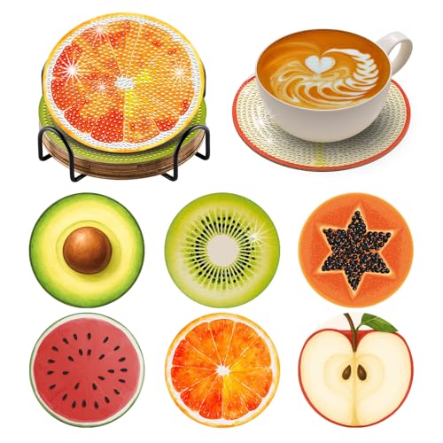 BNG Fruits - Juego de posavasos de pintura de diamantes con soporte, 6 posavasos de arte de manzana para adultos, kits de pintura artística para mujeres, principiantes, suministros de manualidades de