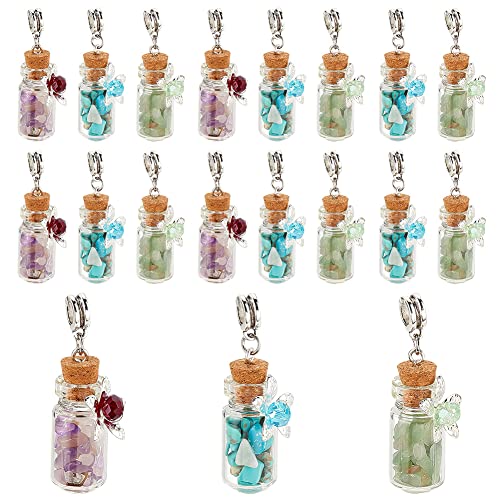 PH PandaHall 20pcs Flower Glass Bottle Pendants, Colorful Gemstone Chip Filling Pendants with 5mm Hole European Dangle Charms Glass Wishing Bottle Charms for Necklace Earring Keychain Jewelry Making