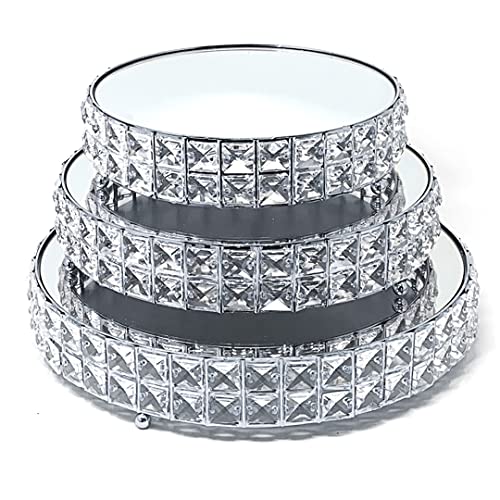 Image of allgala Wedding Cake Stands 3-Piece Set Crystal Gold Plated Cheese Dessert Cupcake Cake Stand with Mirror Plate-Silver Round-HD89204