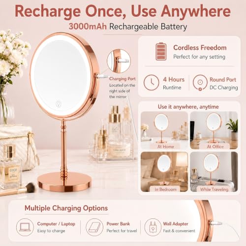 Image of DEIOVWXS Makeup Mirror, Rechargeable Vanity Mirror with 3 Lights, 1X /10X